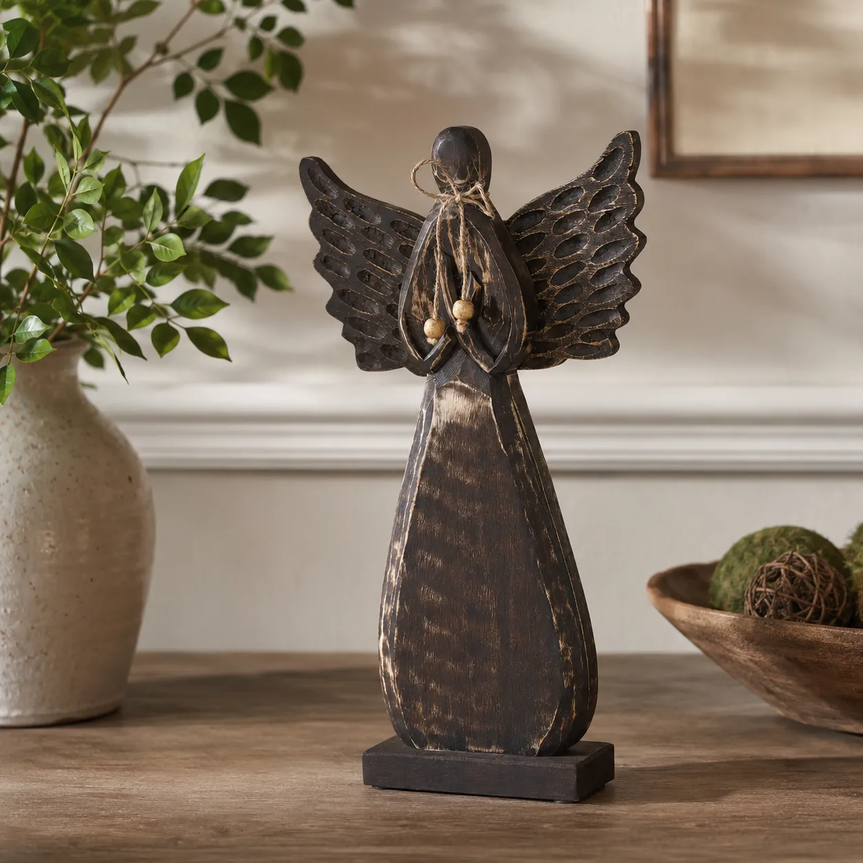 Wholesale Primitive Carved Wood Angel Figurine with Twine Bow for your store - Faire