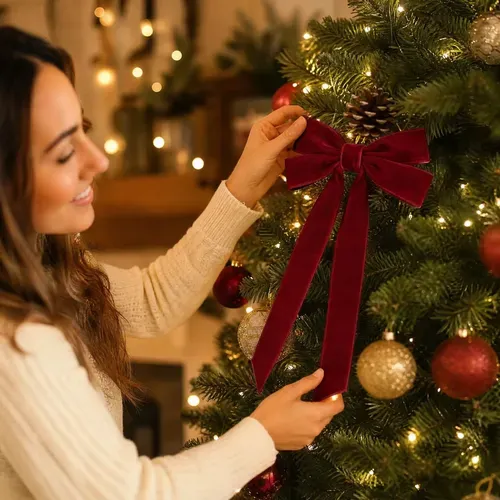 Wreaths Wine Red Velvet Bow Christmas Tree Home Etiquette Ro | MercadoLibre