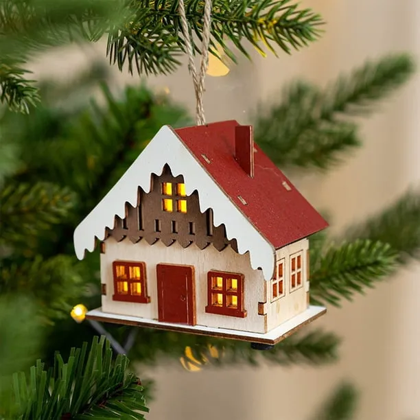 Wzzjkit Christmas Tree Decorations 2026 Xmas Glowing Cabin LED Wooden Christmas House Tree Hanging Decorations Christmas Balls Christmas Tree ...